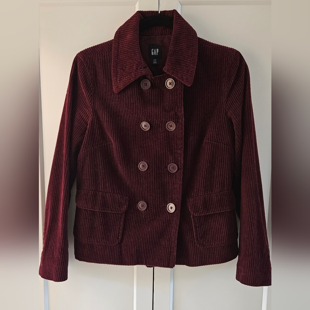 Like NEW, GAP Women's Double-Breasted Corduroy Peacoat in  Deep Burgundy